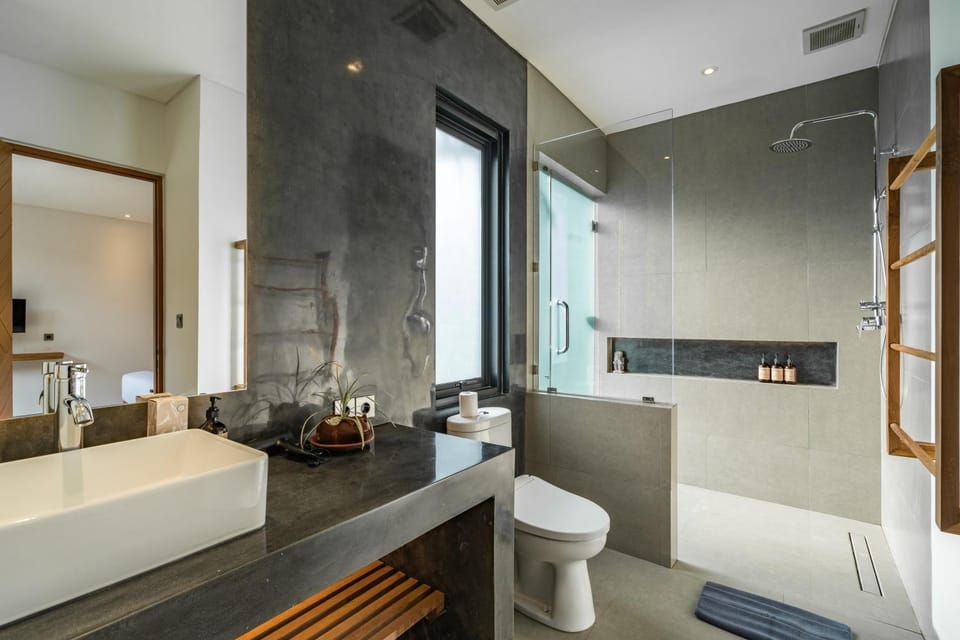 Shower, Bed, Bathroom, hair dryier, towels