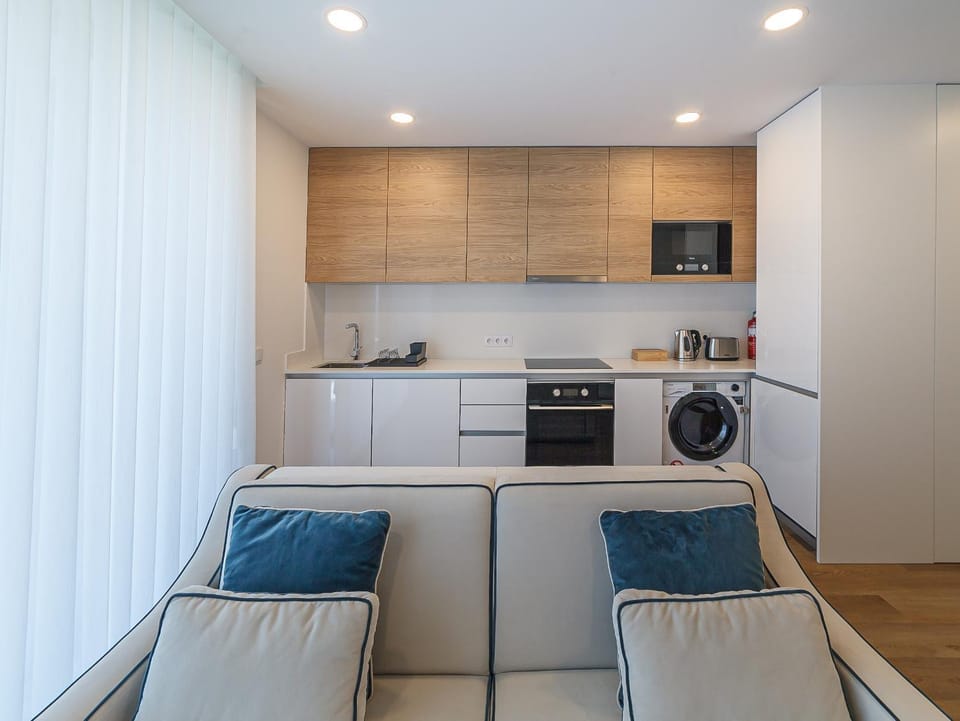 Kitchen or kitchenette, Living room, oven, stove, washing machine