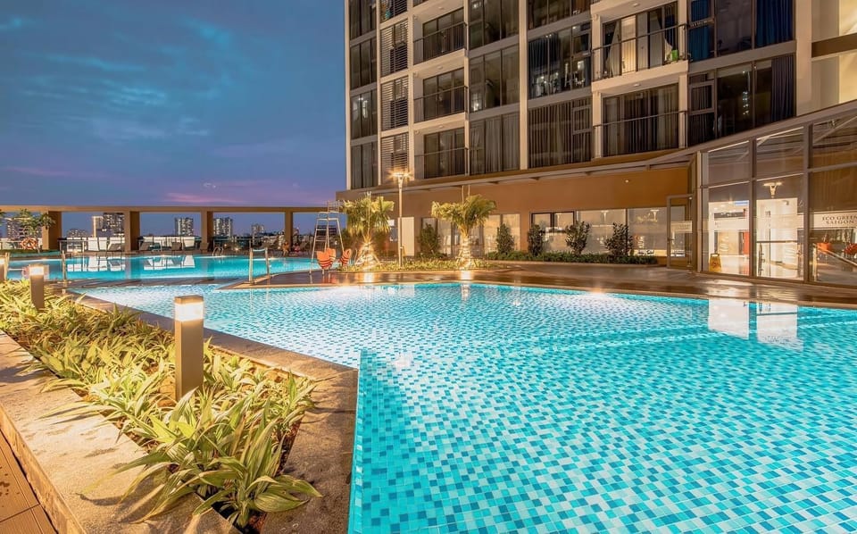 Property building, Night, Swimming pool