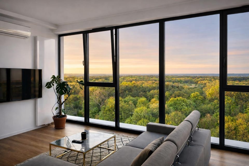 Spring, Day, Natural landscape, TV and multimedia, View (from property/room), Living room, Seating area, Evening entertainment, Sea view, Sunrise, Sunset, heating