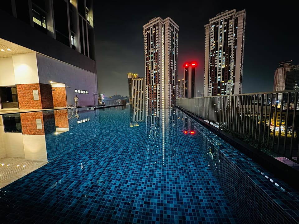 Night, City view, Pool view, Swimming pool