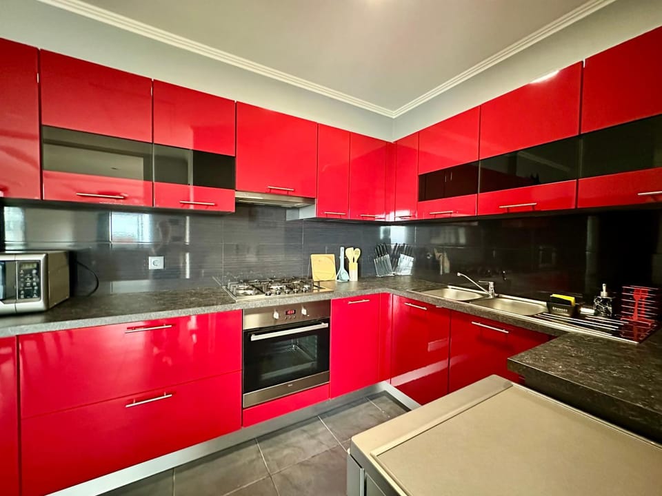 Kitchen or kitchenette, dishwasher, oven, stove