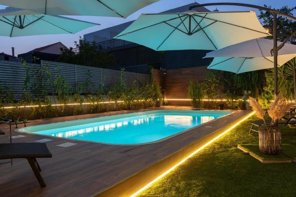 Patio, Night, Garden, Pool view, Swimming pool, Swimming pool, sunbed