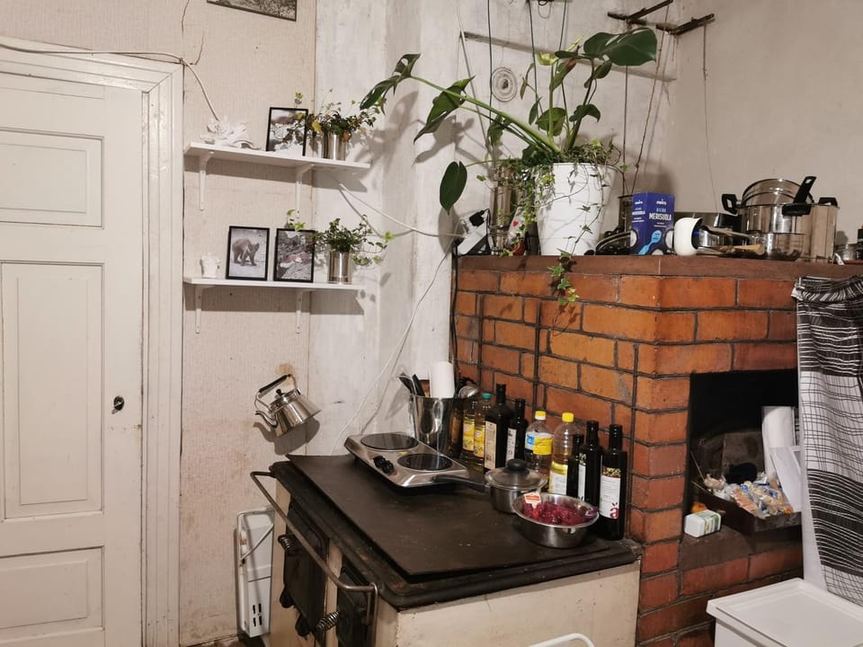 Kitchen or kitchenette, stove