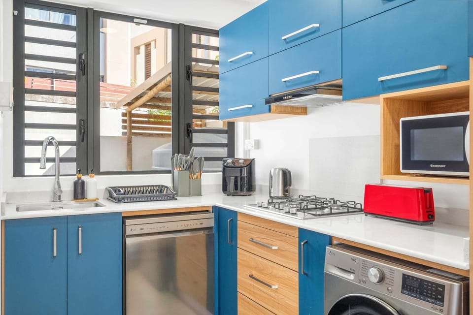 Kitchen or kitchenette, dishwasher, oven, stove, toaster, washing machine