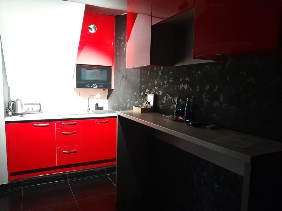 Kitchen or kitchenette, stove