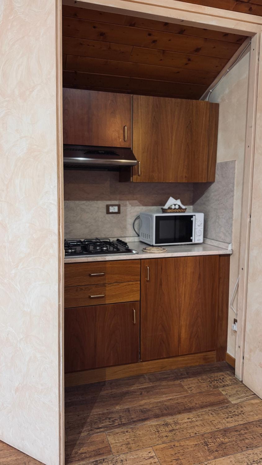Kitchen or kitchenette, stove