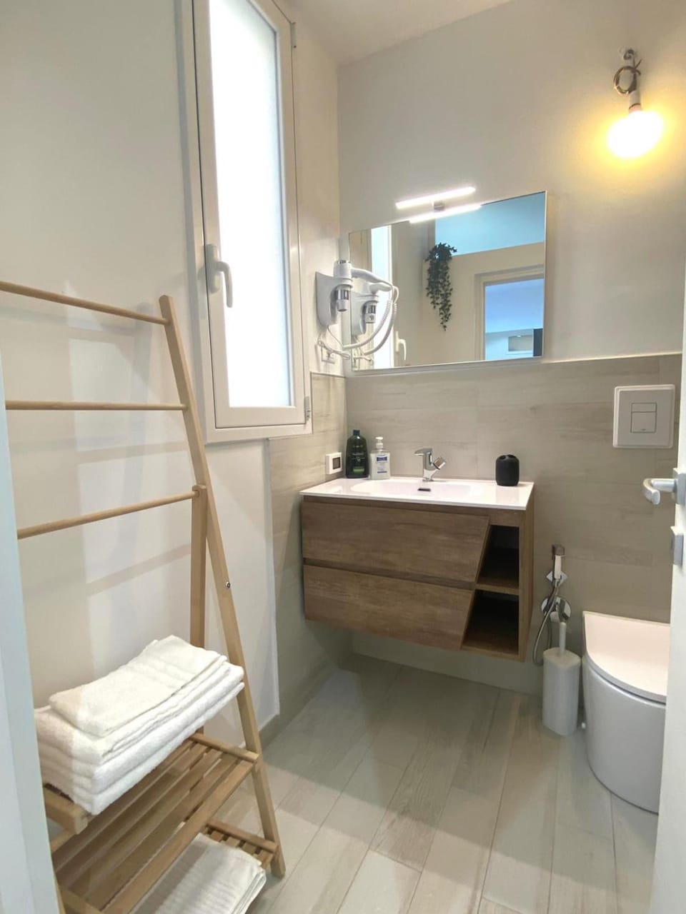 Toilet, Bathroom, hair dryier, towels