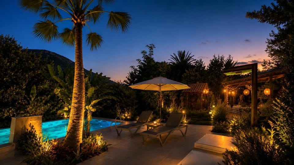 Night, Garden, Garden view, Swimming pool