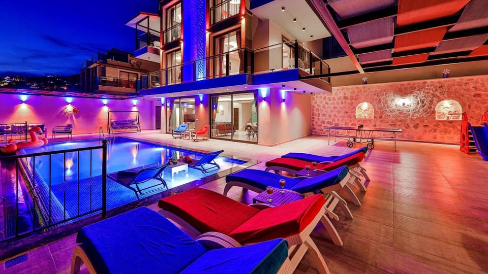 Property building, Patio, Night, Natural landscape, View (from property/room), Balcony/Terrace, Other, Pool view, Swimming pool, sunbed