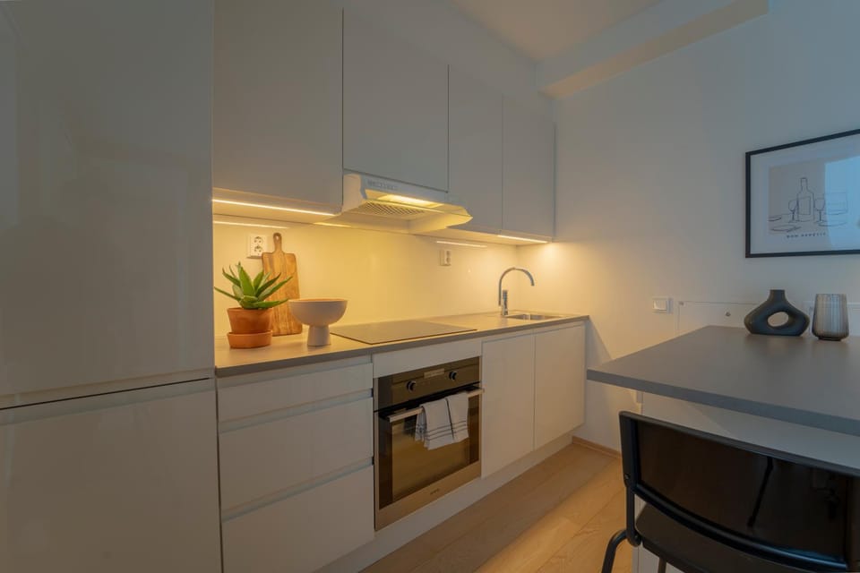 Kitchen or kitchenette, dishwasher, oven, stove
