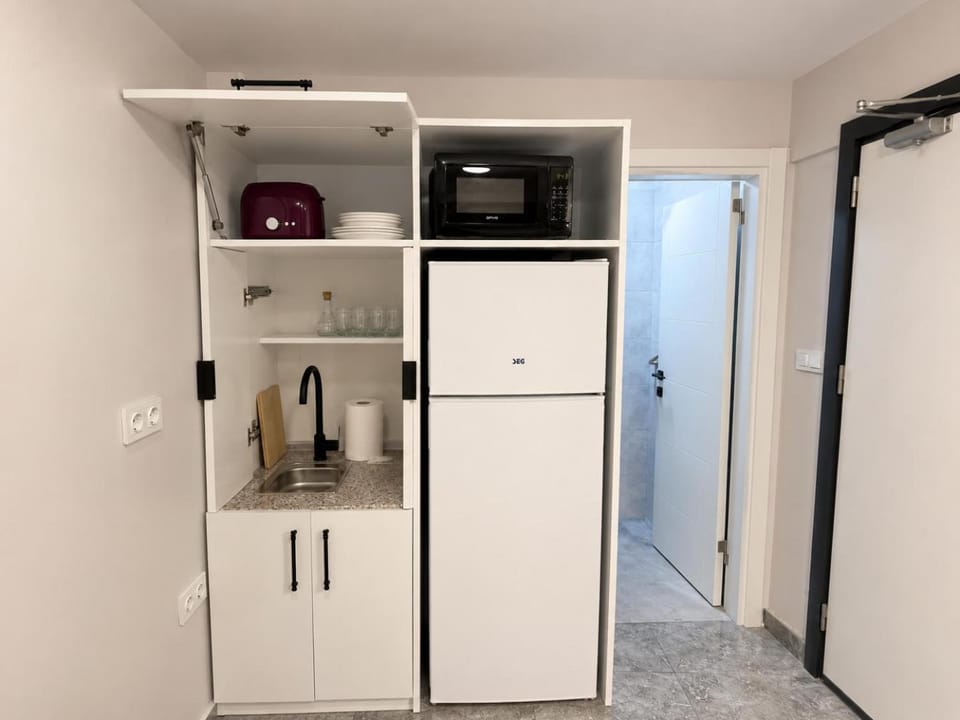 Kitchen or kitchenette, microwave, toaster