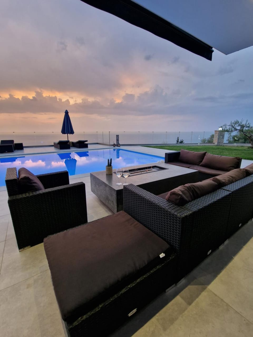 Living room, Seating area, Pool view