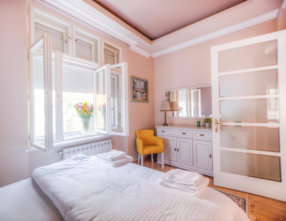 Bed, Decorative detail, Bedroom, Garden view