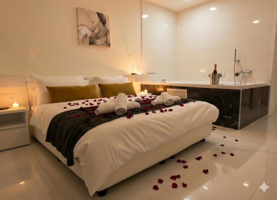 Bed, Hot Tub, Bedroom, Bath, towels