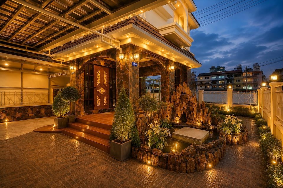 Property building, Patio, Night, Garden, Garden view