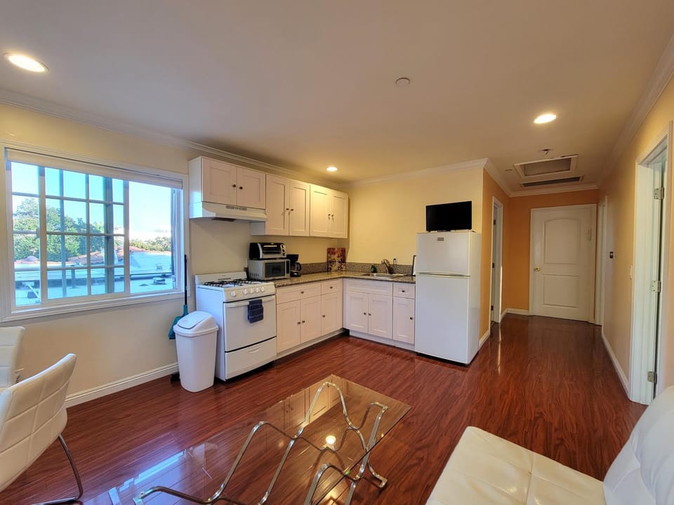 Kitchen or kitchenette, Living room, Seating area, Dining area, oven, stove, toaster, kitchen