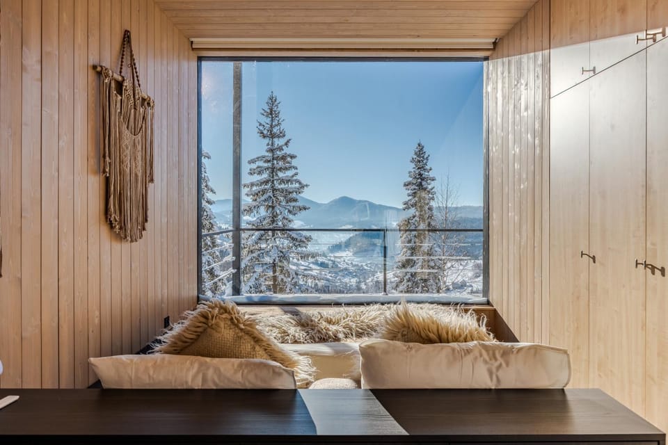 Bed, Natural landscape, Winter, Seating area, Bedroom, Mountain view, wardrobe