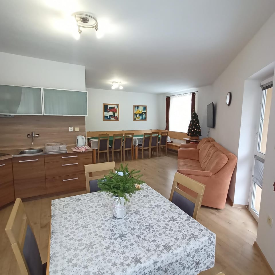Kitchen or kitchenette, Living room, Seating area, Dining area, stove