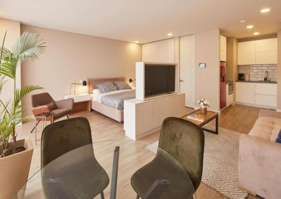 Bed, TV and multimedia, Kitchen or kitchenette, Photo of the whole room, Seating area, Dining area, Bedroom, oven