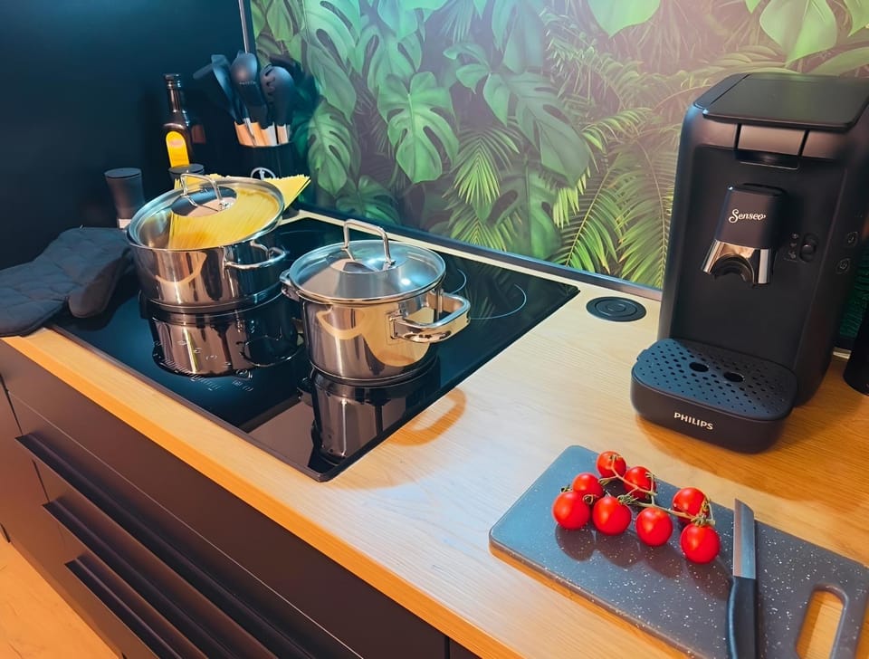 Kitchen or kitchenette, stove