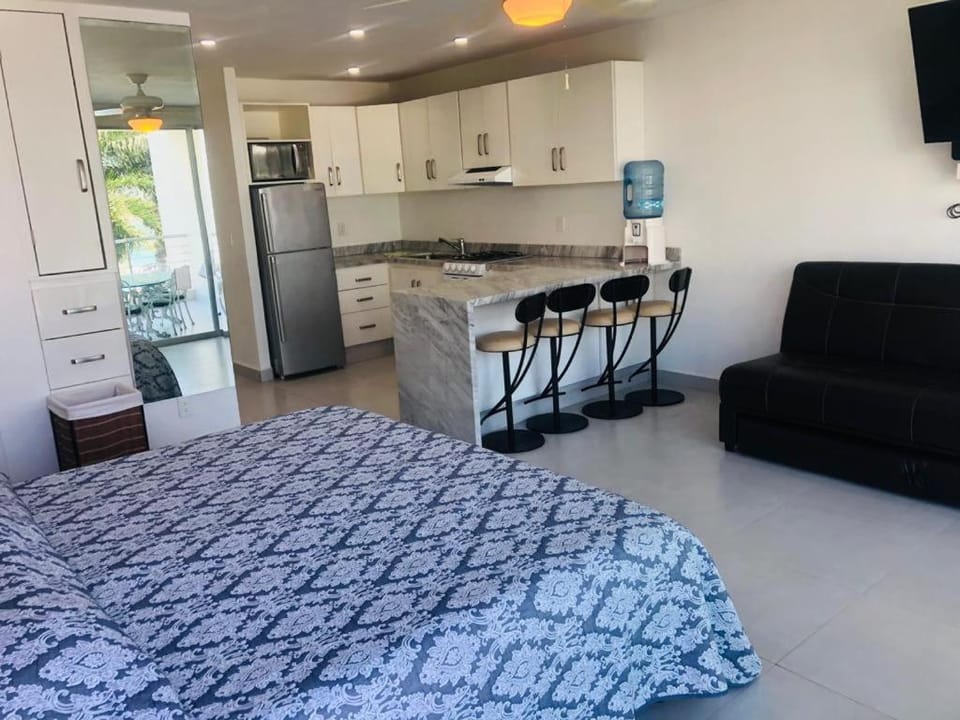 Bed, kitchen