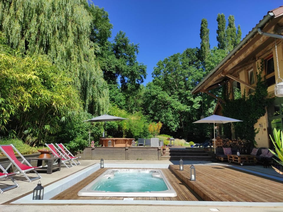Patio, Natural landscape, Garden view, Pool view, Swimming pool, sunbed