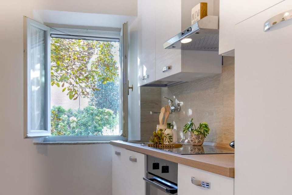 Kitchen or kitchenette, stove