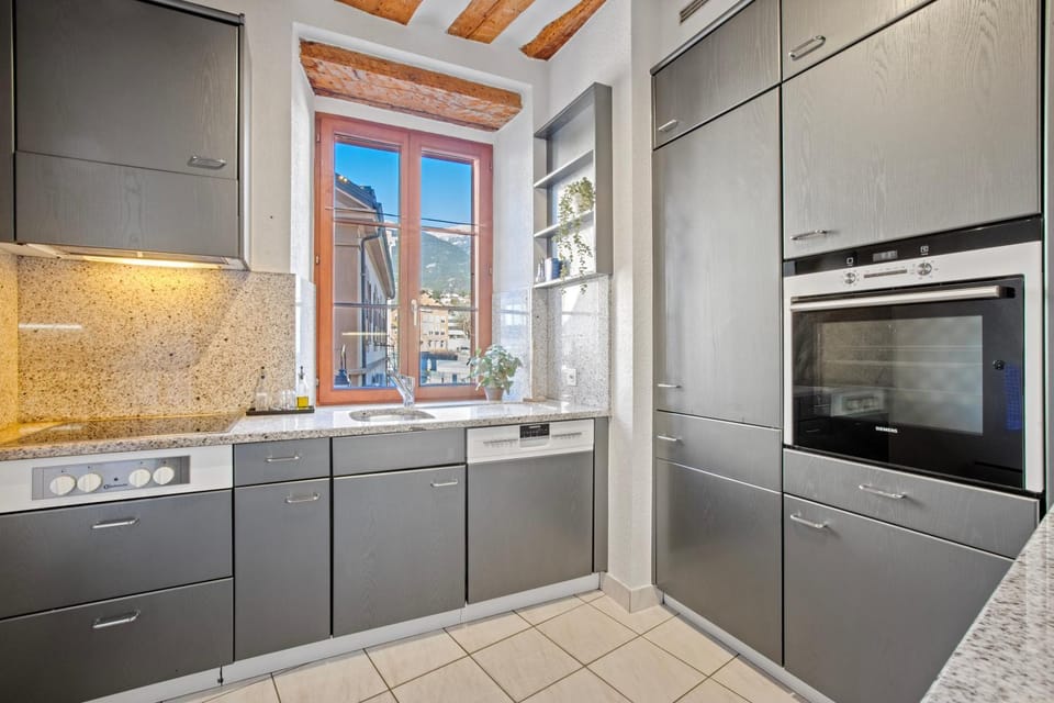 Kitchen or kitchenette, dishwasher, oven, stove