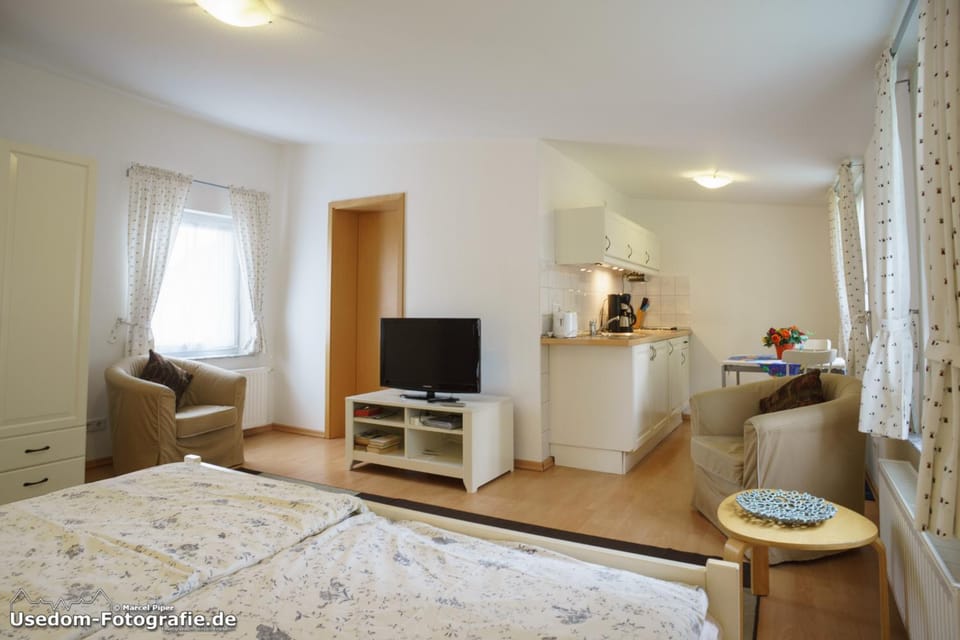 Bed, TV and multimedia, Kitchen or kitchenette, Living room, Photo of the whole room, Seating area, Bedroom