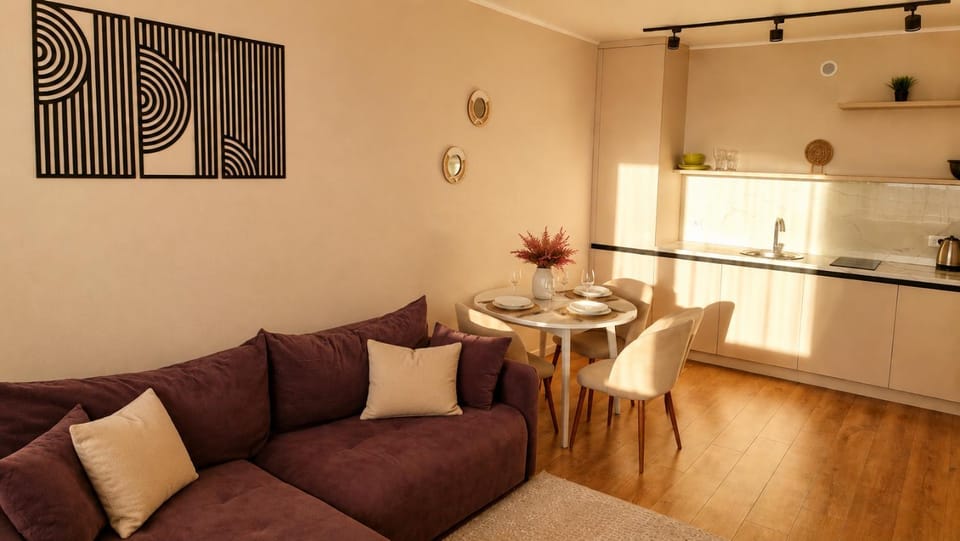 Kitchen or kitchenette, Living room, Seating area, Dining area