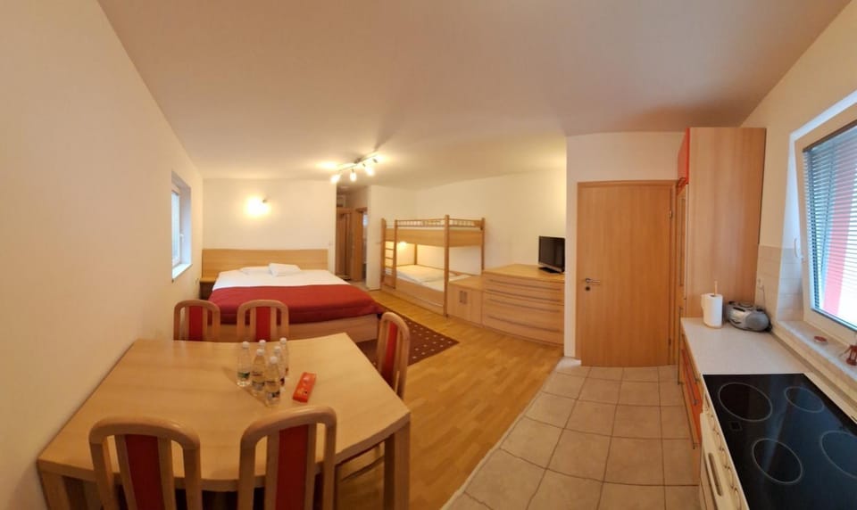 Bed, TV and multimedia, Kitchen or kitchenette, Living room, Seating area, Dining area