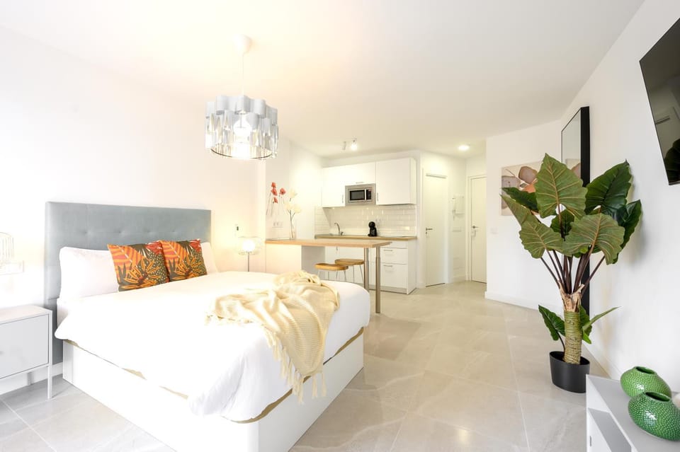 Bed, TV and multimedia, Kitchen or kitchenette, Photo of the whole room, Bedroom, stove, towels