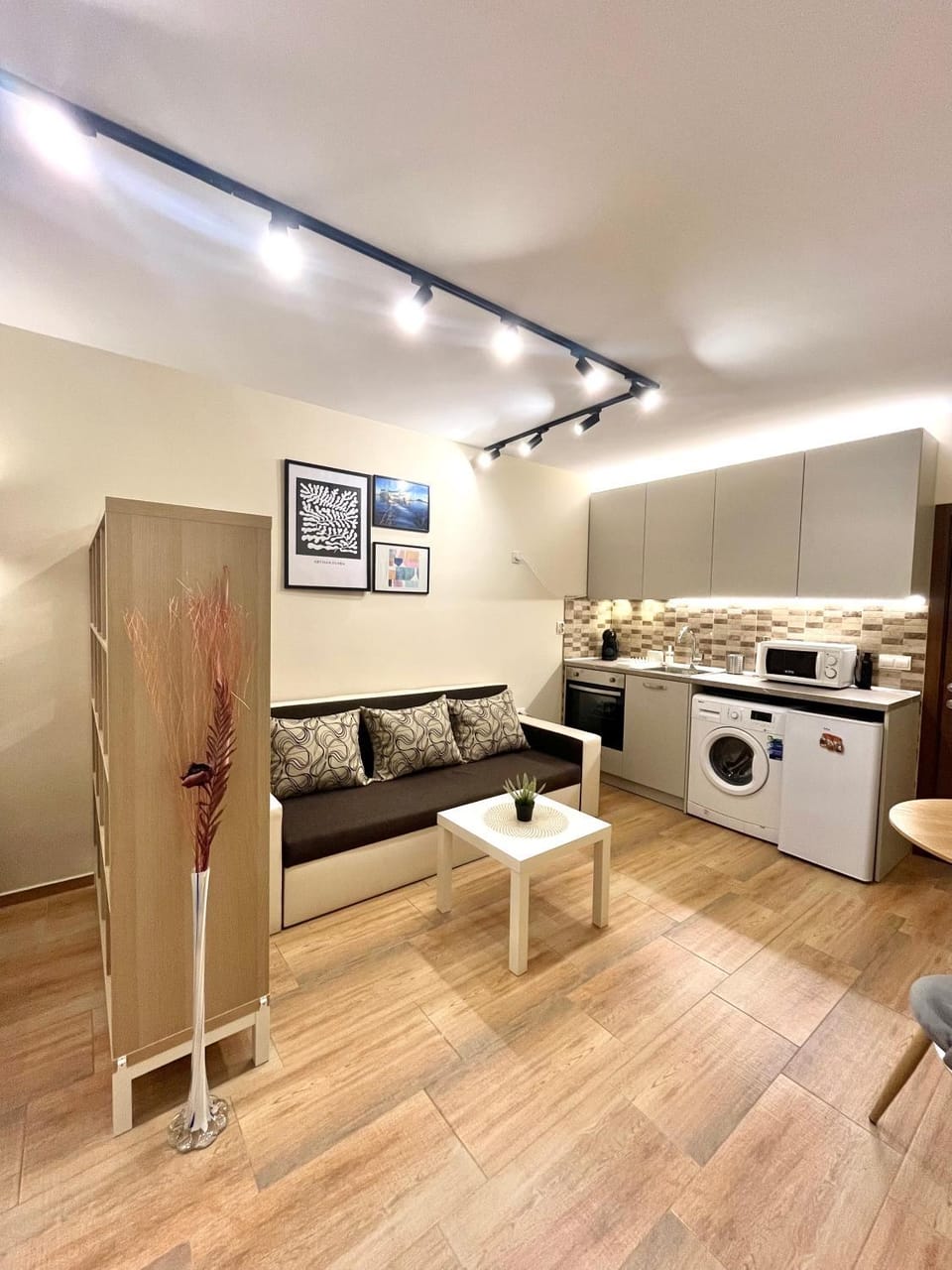 Kitchen or kitchenette, Living room, Seating area, stove, washing machine