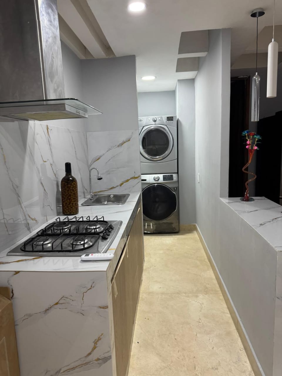 Kitchen or kitchenette, stove, washing machine, dryer
