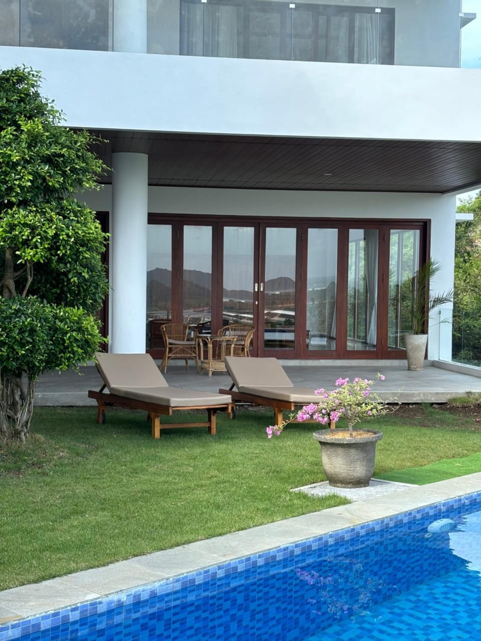 Property building, Patio, Garden, Swimming pool, sunbed