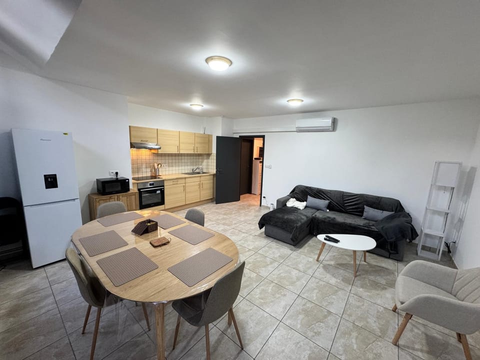 Kitchen or kitchenette, Living room, Seating area, Dining area, oven, stove, toaster, air conditioner