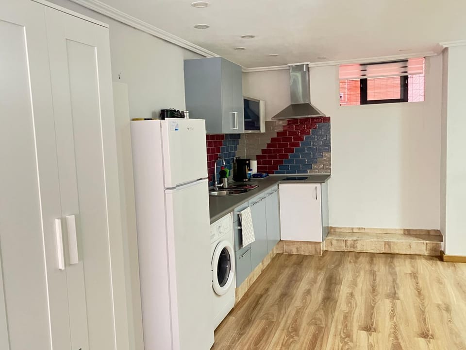 Kitchen or kitchenette, stove, washing machine
