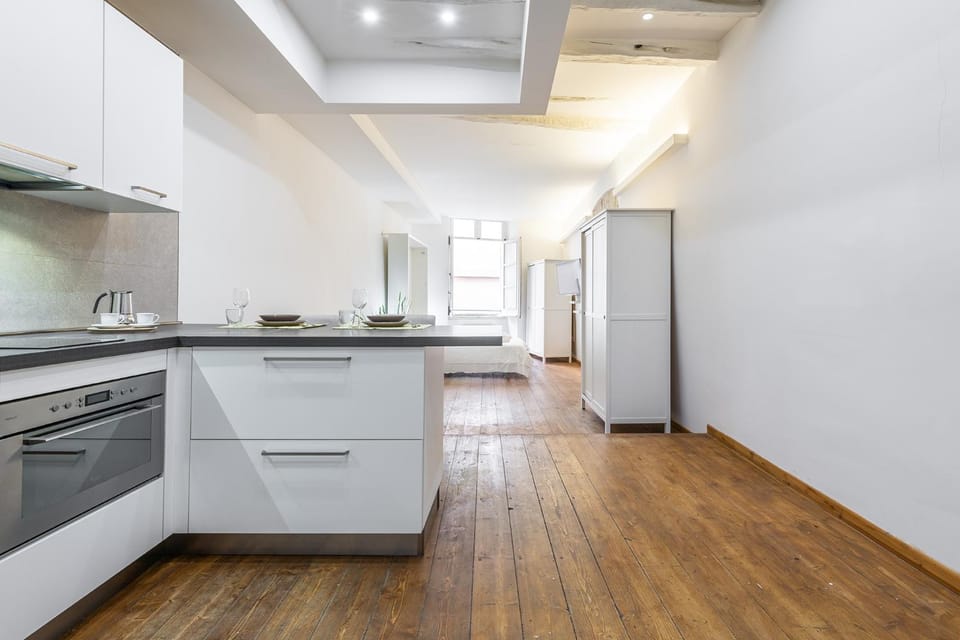 Kitchen or kitchenette, stove