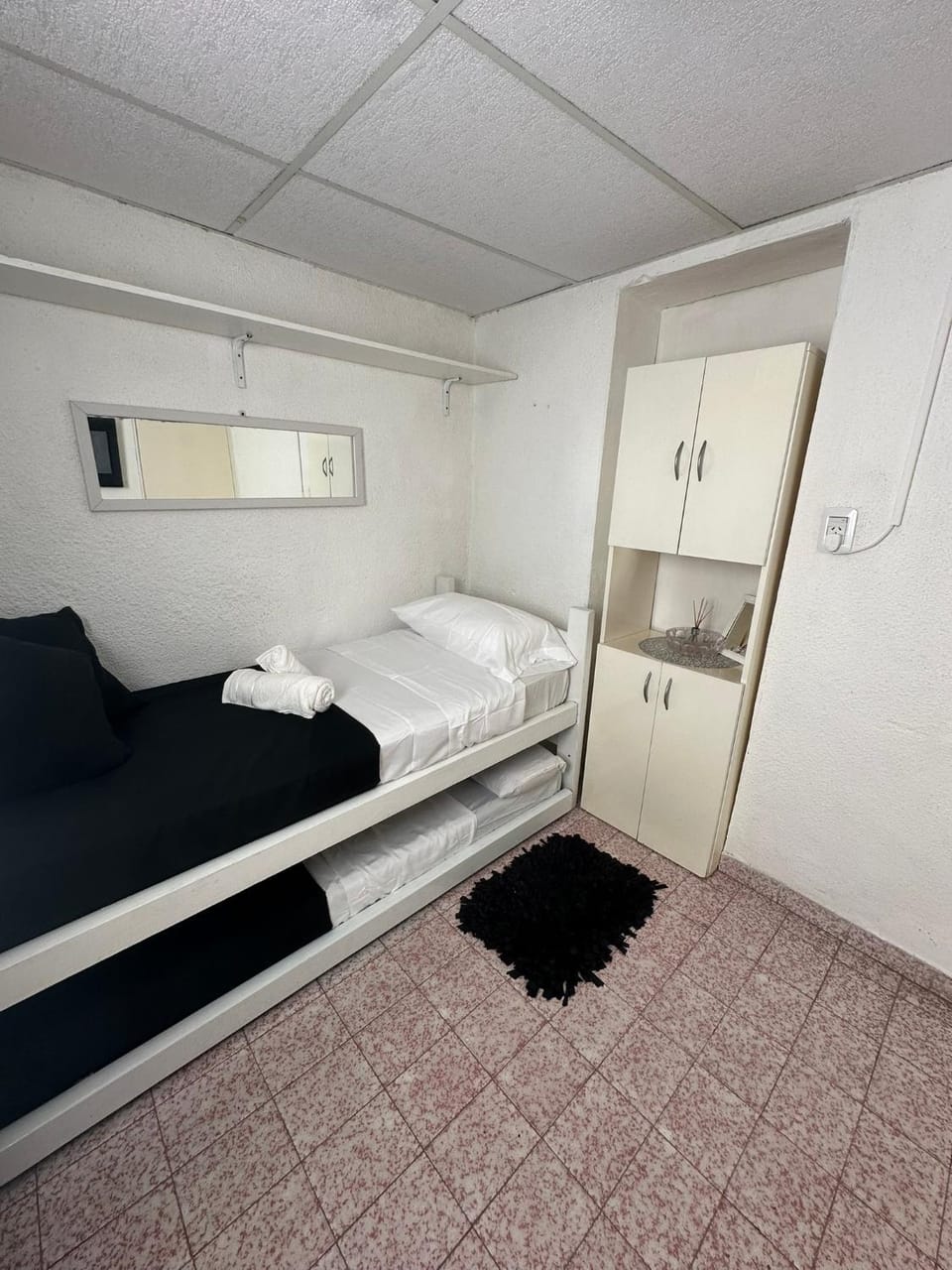 Bed, wardrobe