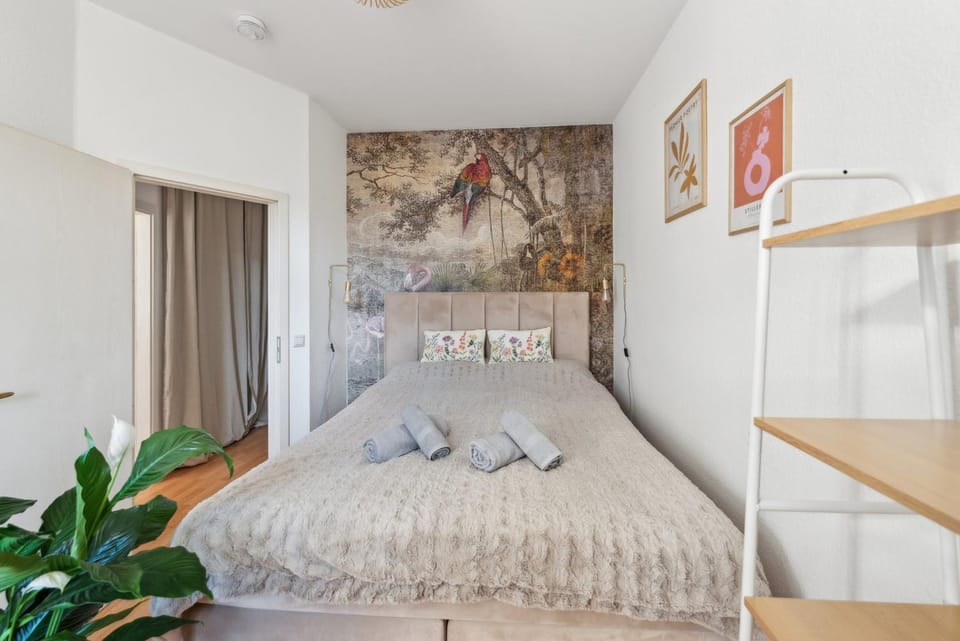 Bed, Bedroom, flat iron, storage, towels, wardrobe