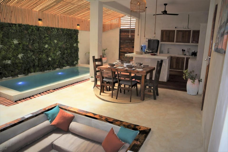 Kitchen or kitchenette, Living room, Dining area, Pool view, Swimming pool