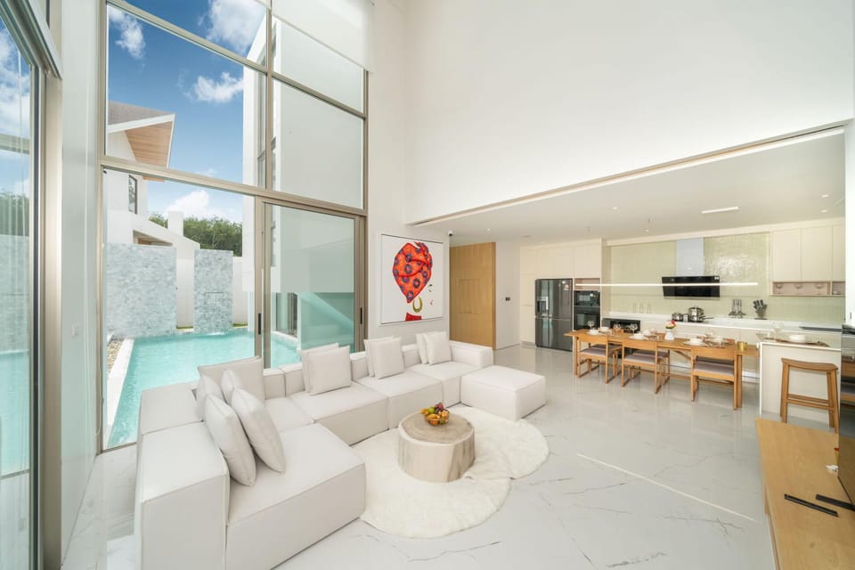 Kitchen or kitchenette, Living room, Seating area, Dining area, Pool view