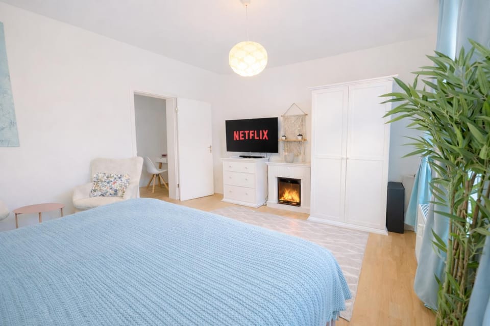 Bed, TV and multimedia, Seating area, Bedroom, cot, fireplace, fireplace