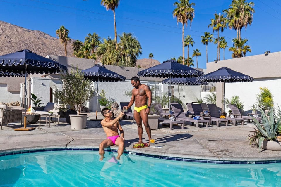 Mountain view, Swimming pool, group of guests, sunbed