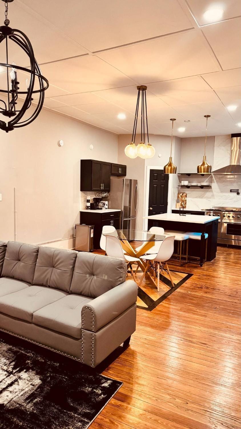 Living room, kitchen
