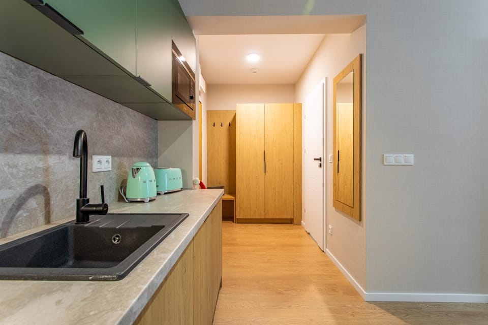 Kitchen or kitchenette, stove