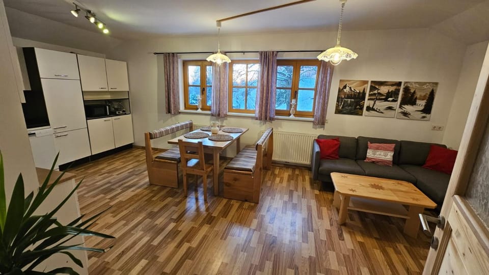 Kitchen or kitchenette, Living room, Seating area, Dining area