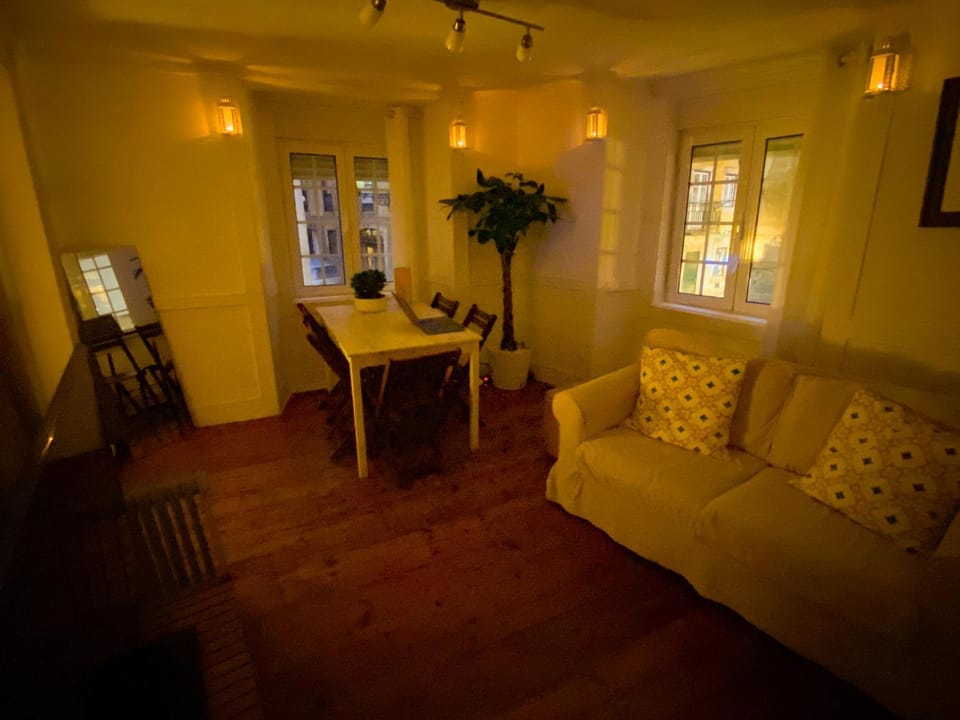 Night, Living room, Seating area, Dining area