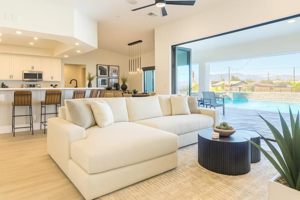 Patio, Natural landscape, Kitchen or kitchenette, Living room, Seating area, Dining area, Pool view, Swimming pool